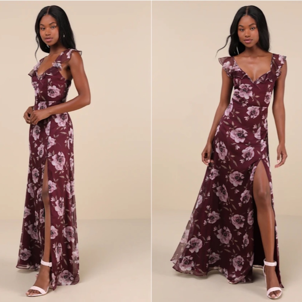 Lulu's Burgundy Floral Maxi Dress with Pink Blooms and Side Slit
